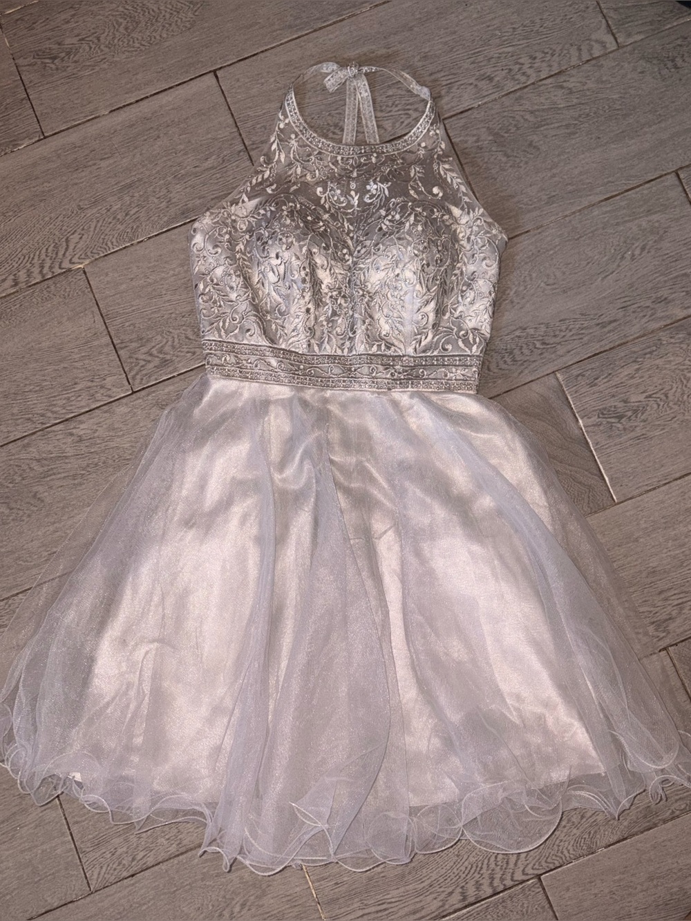 May Queen Couture Silver Halter-Top Homecoming/Cocktail Dress
